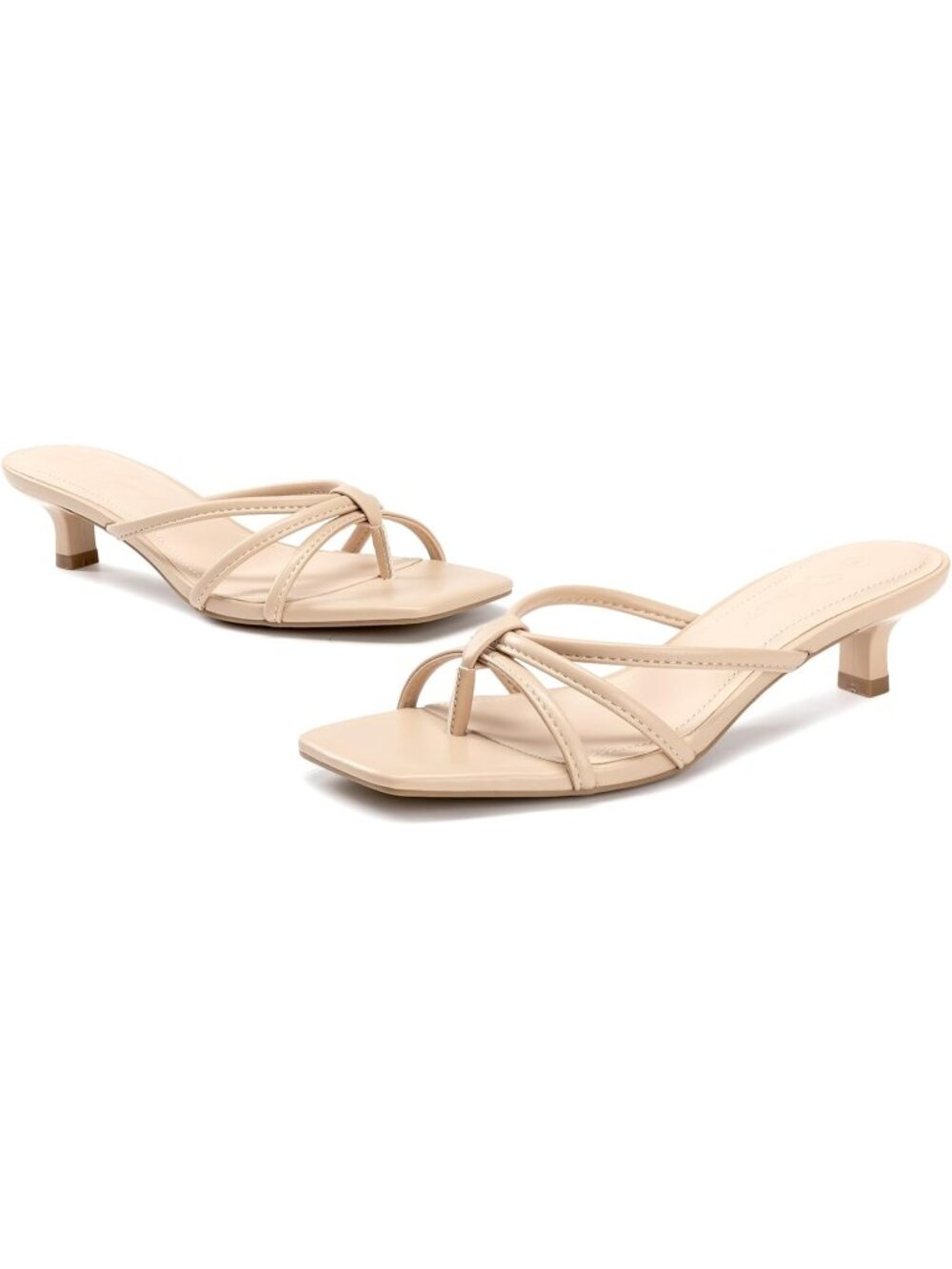 Athlefit Women's Nude Polyurethane Kitten Square Toe Strappy Flip Flop Low Heel - Picture 6 of 6
